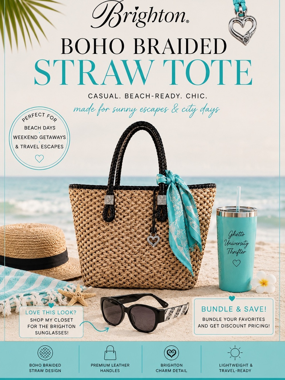 Brighton Boho Braided Straw Tote w/ charms Spring/Summer Travel Leather Handles